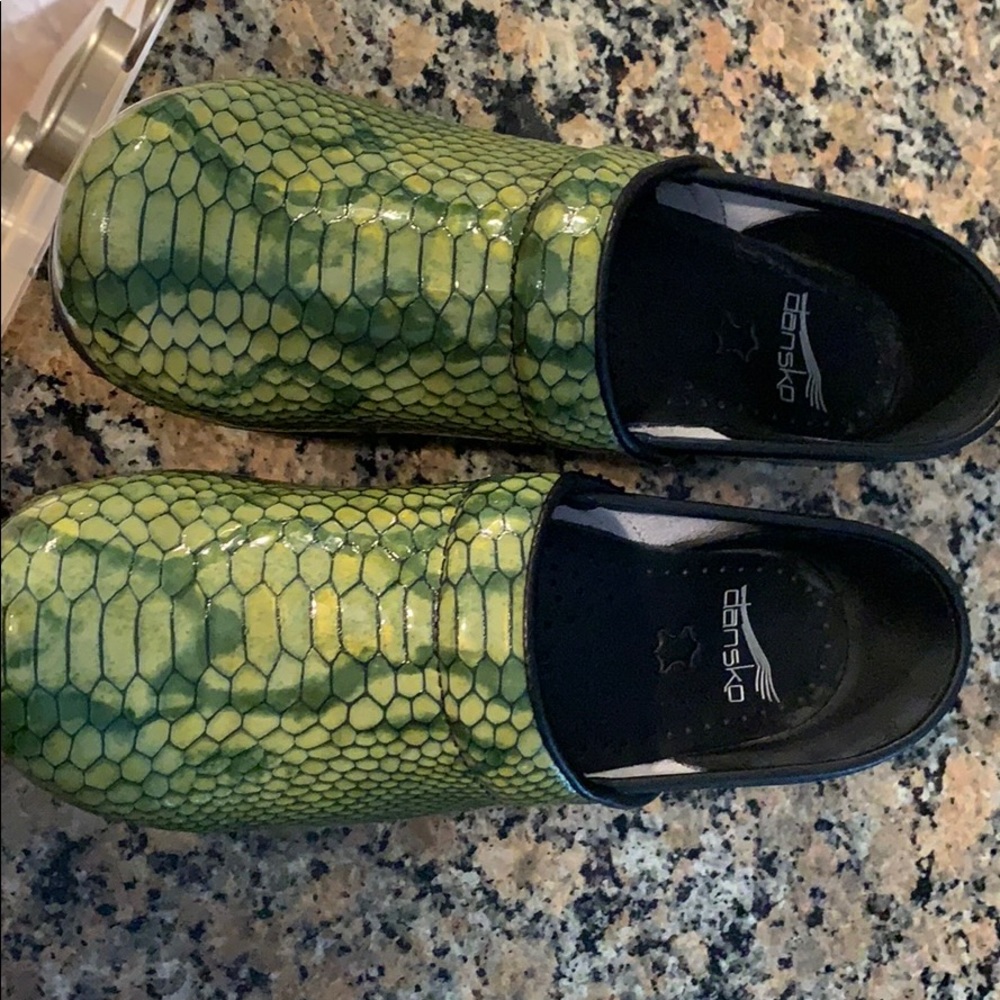 Womens Dansko green snakeskin clogs